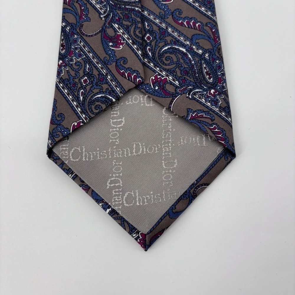 Christian Dior Vintage Silk Paisley Foulard Necktie Mens OS Brown Blue Italian